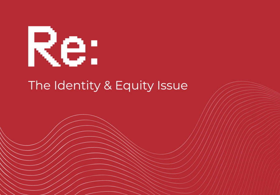 White text reading Re: The Identity & Equity Issue on a red background above fine white curvy lines.