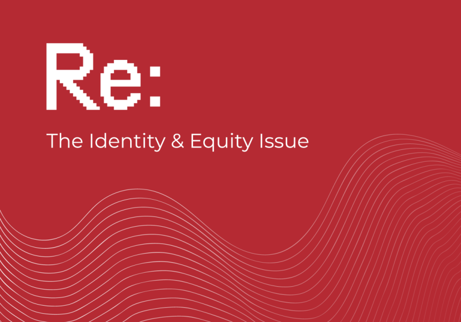 White text reading "Re: The Identity & Equity Issue" on a red background above fine white curvy lines.