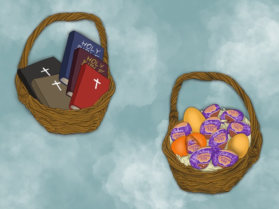 An+illustration+of+two+baskets+on+a+blue+background.+The+basket+on+the+left+has+five+Bibles+and+the+basket+on+the+right+has+chocolate+Easter+eggs.