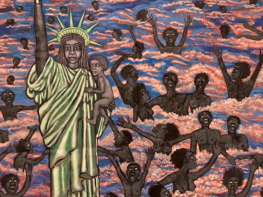 The green robes and crown of the Statue of Liberty adorn the body of a Black woman holding a naked Black child. In the background, a sea of blue water with pink foam is full of naked Black bodies with distressed expressions on their faces, some of whom are raising their arms.