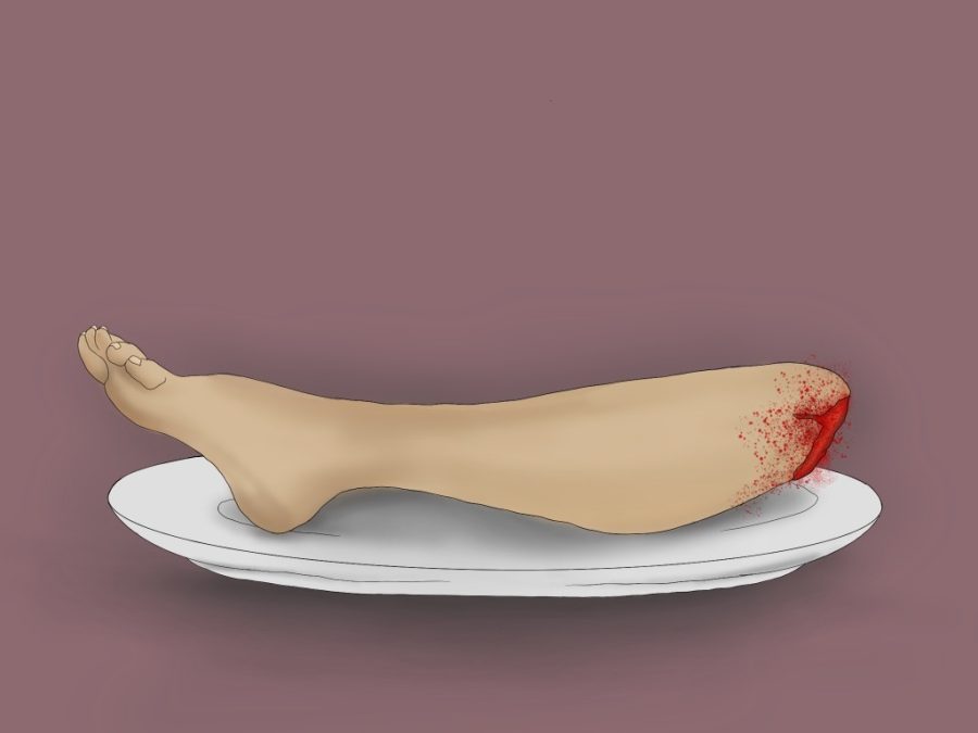 An illustration of a severed leg served on a plate.