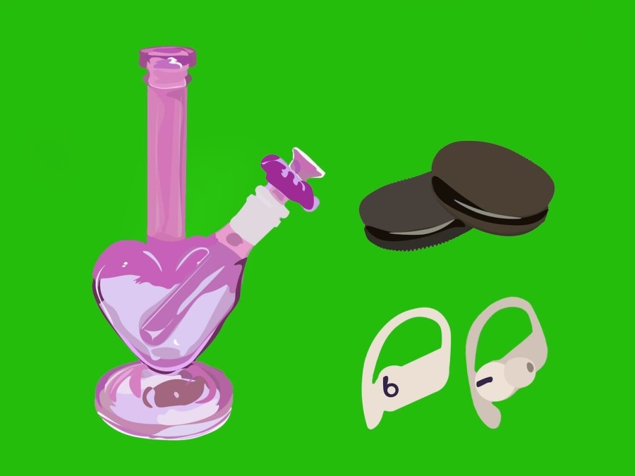 An illustration of a purple heart-shaped bong, two Oreo cookies and a pair of Beats earbuds against a bright green background.