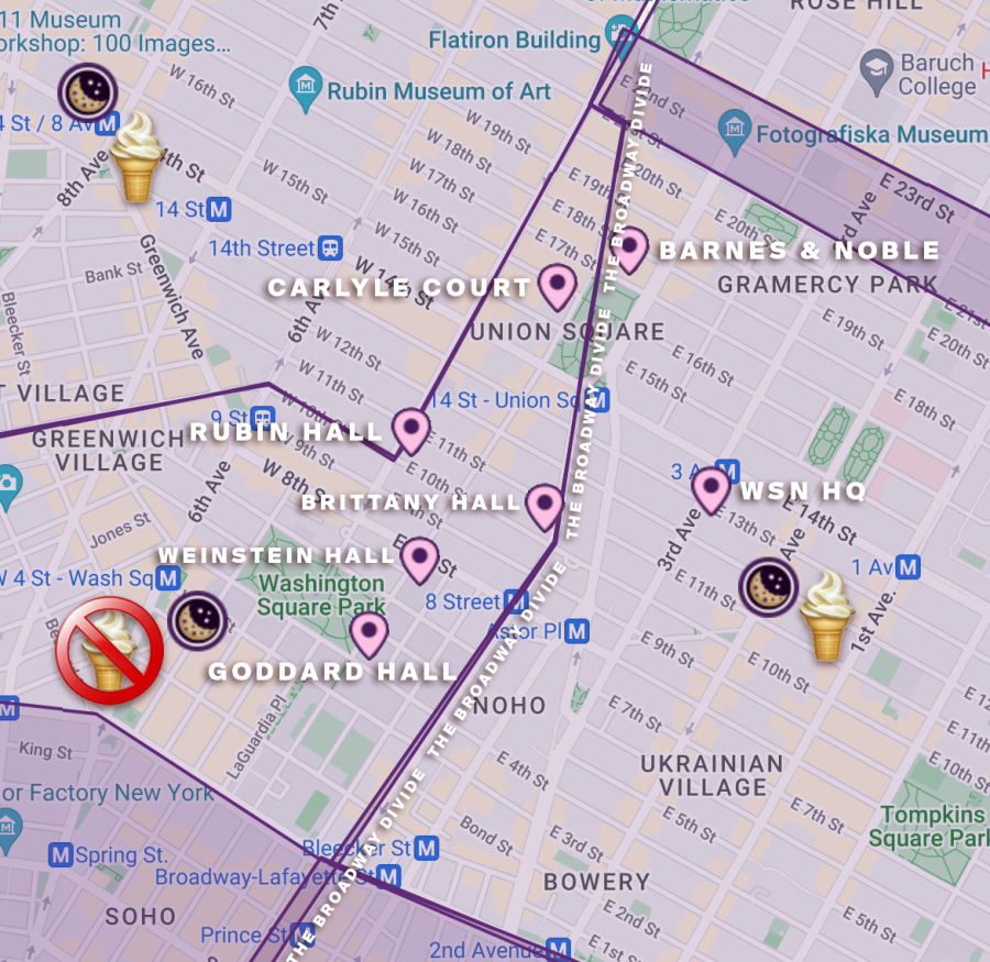 A map of the locations Insomnia Cookies delivers to in New York City. Two distinct delivery zones are shown, separated by a street.