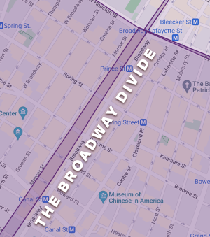 A map of the locations Insomnia Cookies delivers to in New York City. Two distinct delivery zones are shown, separated by a street.