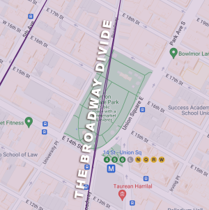 A map of the locations Insomnia Cookies delivers to in New York City. Two distinct delivery zones are shown, separated by a street.