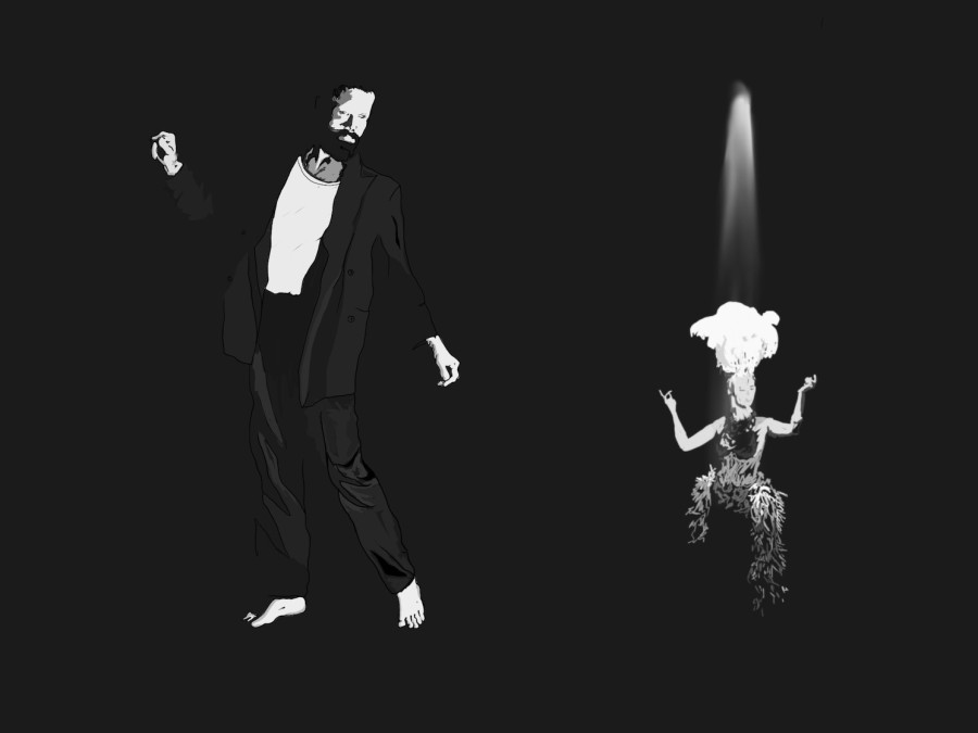 A monochromatic portrait of Father John Misty in a white shirt and black suit with a dancer in a feather-decorated dress behind him.