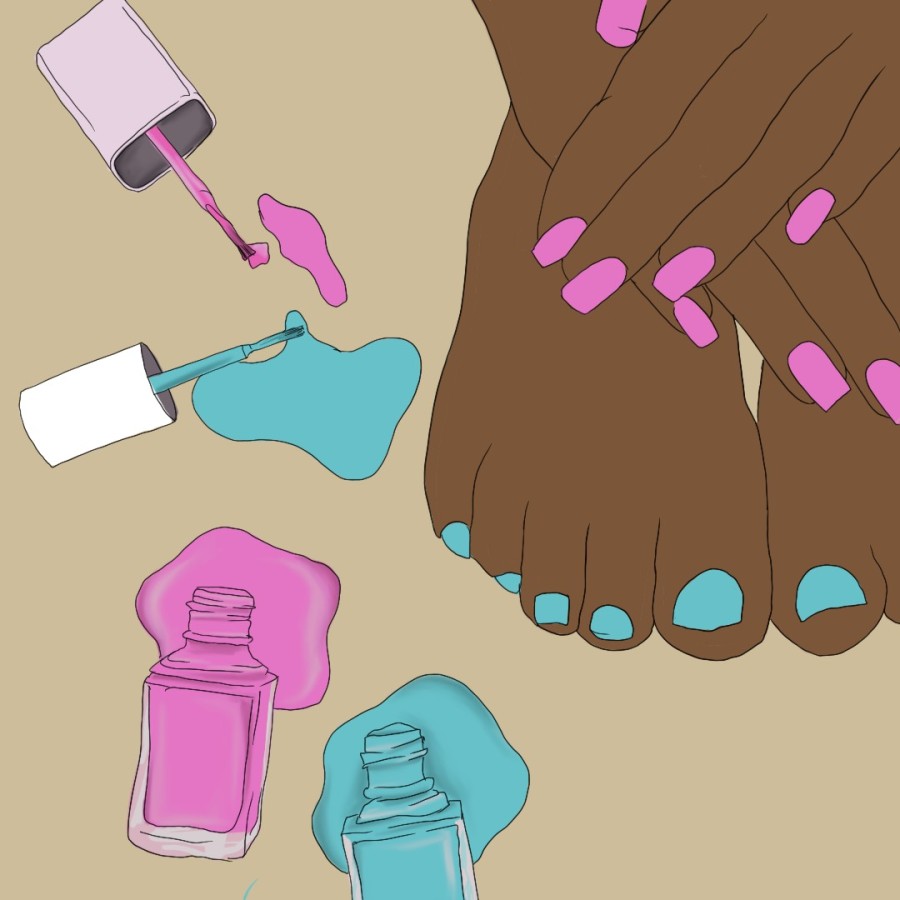 An illustration of brightly painted nails next to pink and blue bottles of nail polish spilled on the floor against a brown background.