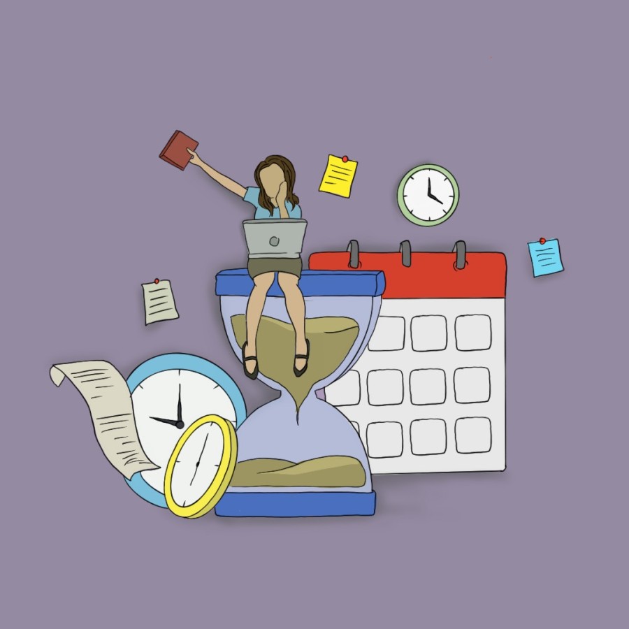 An illustration of a woman in office clothes with a laptop sitting on top of an hourglass surrounded by clocks, calendars and sticky notes against a purple background.