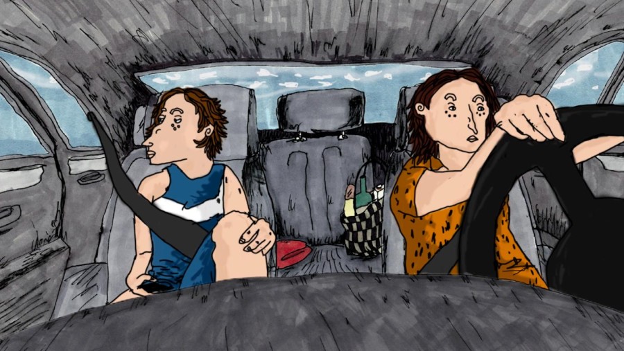 An animated still of twin sisters driving a car. One is clutching the steering wheel looking ahead, while the other looks out the window.