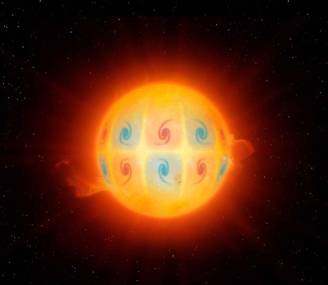 An illustration of the sun with two rows of red and blue swirls against a black background with stars.