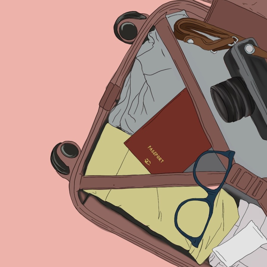 An illustration of a packed carry-on suitcase full of clothes, a camera and a passport against a pink background.