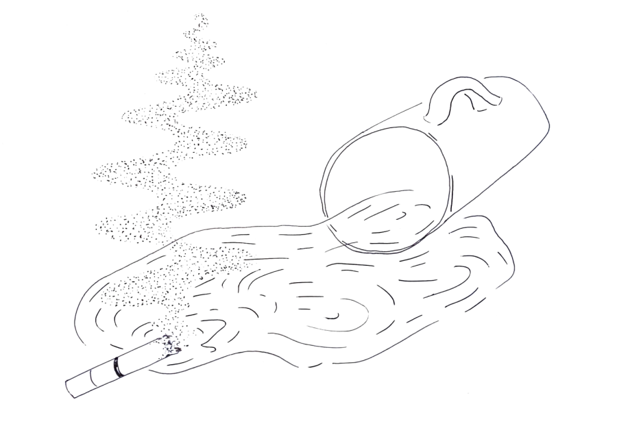 An illustration of a glass tipped over with liquid flowing from it. The liquid is flowing into a cigarette butt that has smoke billowing up from it.
