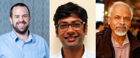 Headshots of three researchers: Katepalli Sreenivasan, wearing a blue shirt against a blue background; Christopher Hanson wearing brown glasses and a blue shirt against a beige background; and Shravan Hanasoge wearing a shirt with red stripes and a brown jacket against a blurred background.