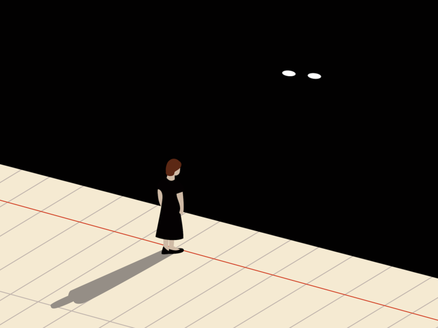 An illustration of a person wearing a black dress and black shoes, standing on what appears to be a piece of lined paper, looking out into a black abyss in which a pair of white eyes stares out.