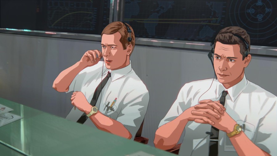 An illustration of two men sitting at a green desk. Both of them are wearing white button down shirts, black ties and gold watches on their wrists. They both are wearing headsets and the man on the left is holding the microphone and speaking into it.
