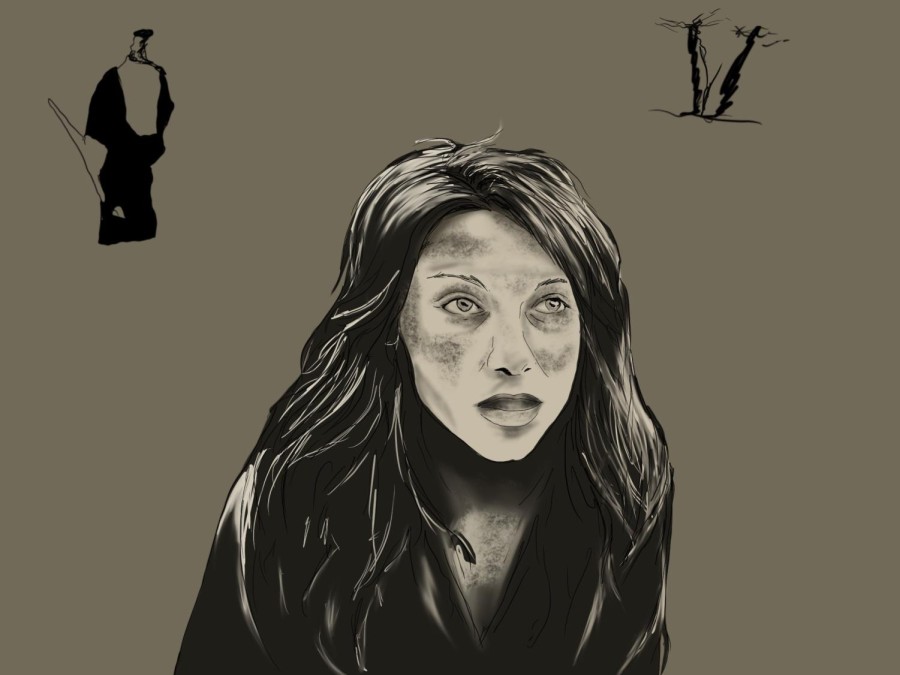 An illustration of a disheveled woman with ash on her face and a shocked expression. She wears a black robe and behind her is a man and a forest.