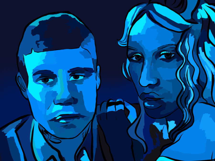An illustration of Yung Lean and FKA Twigs under teal fluorescent light.