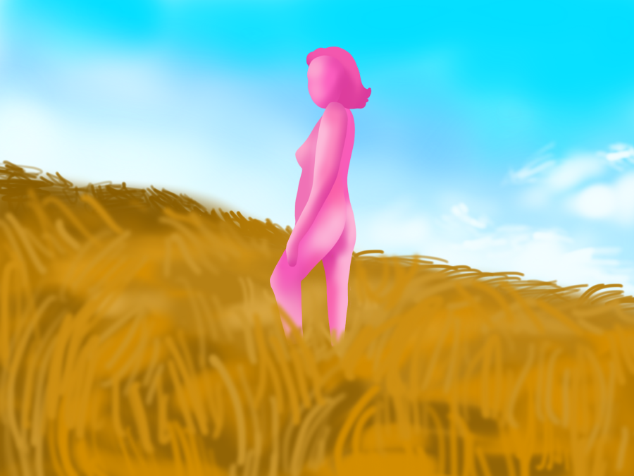 A+pink-colored+subject+standing+naked+in+the+middle+of+a+hill+filled+with+golden+weeds+against+the+teal+sky.