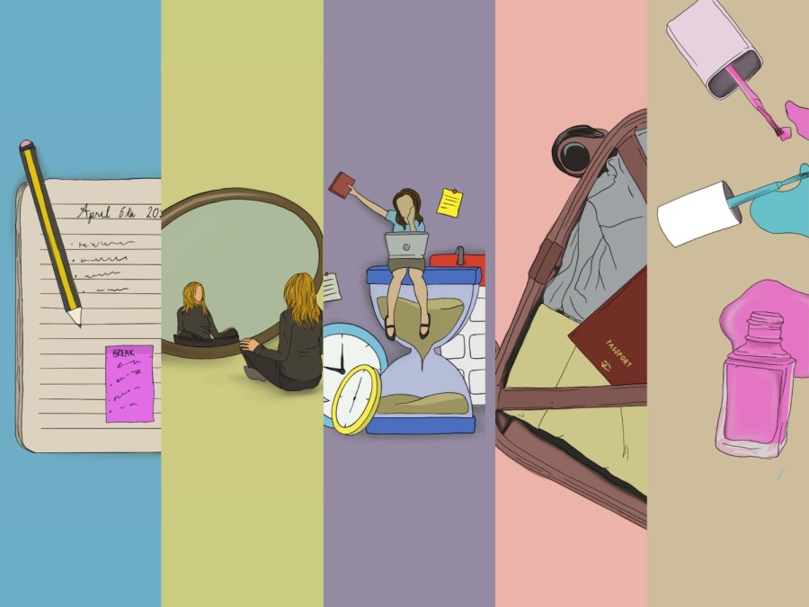 An illustration of five vertical panels. The first panel: a planner against a blue background. The second: a woman facing her reflection in a large mirror against a green background. The third: a woman with a laptop sitting on top of an hourglass surrounded by clocks, calendars and sticky notes against a purple background. The fourth: a suitcase packed with clothes and a passport against a pink background. The fifth: pink and blue bottles of nail polish spilled on the floor against a brown background.