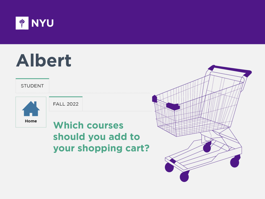 An illustration of the homepage of Albert, NYU’s online class registration portal. A purple horizontal box with white text reading “NYU” is at the top. Under this it reads “Albert,” and there is a purple shopping cart to the right side of the illustration.