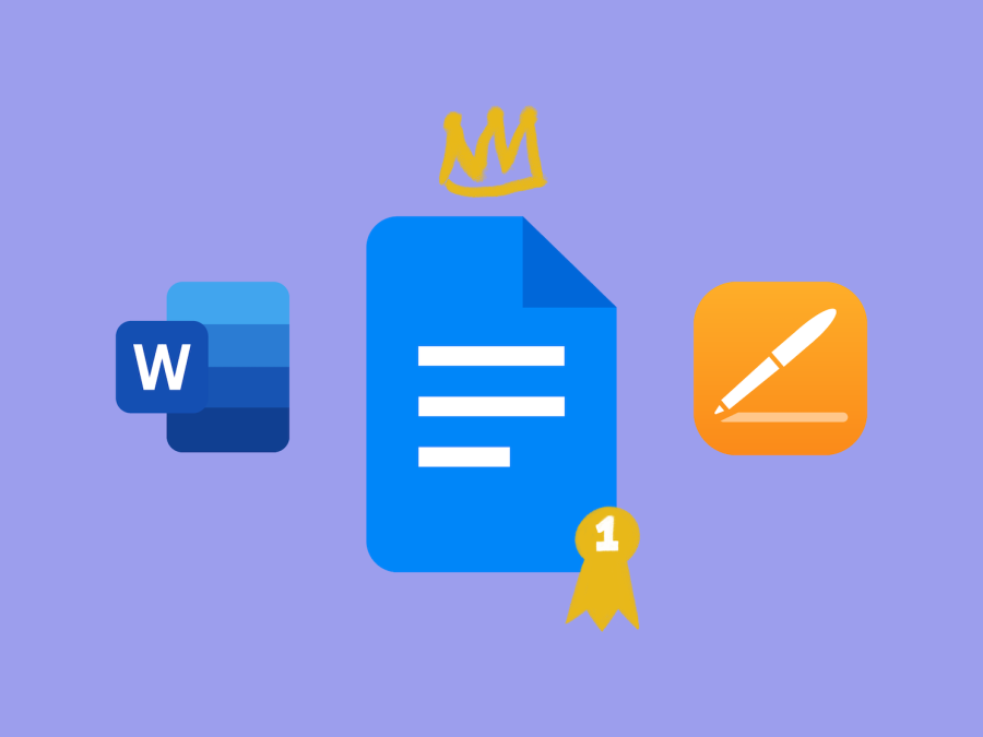 Icons of (left to right) Microsoft Word, Google Docs and Apple Pages against a light purple background. The small crown and a number one badge are attached to the Google Docs icon.