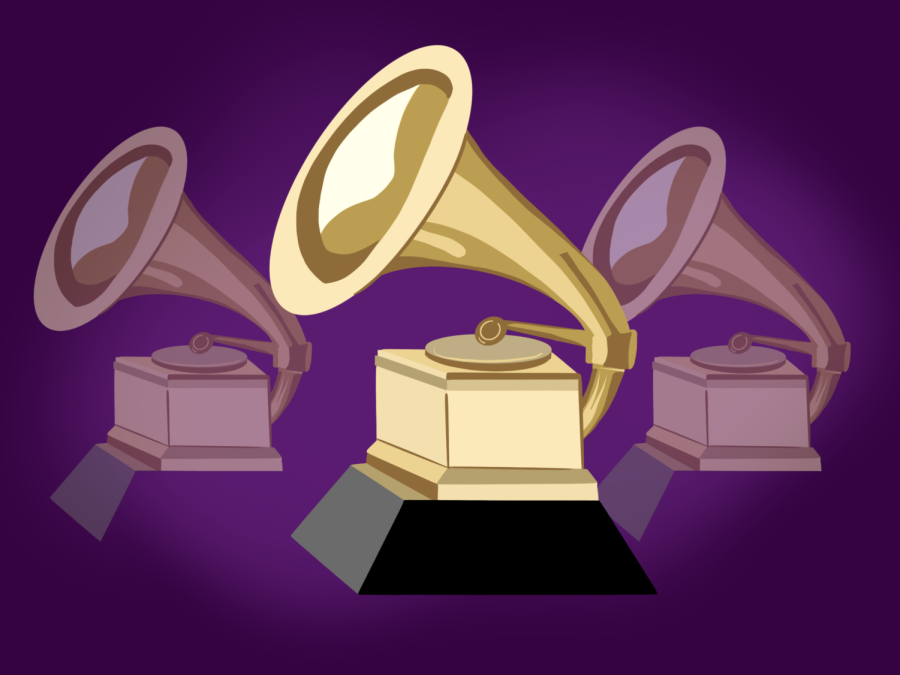 An illustration of three Grammy awards against a purple background. One is placed in the center and the other two are behind it. The Grammy Award is a gold record player with a black base underneath.
