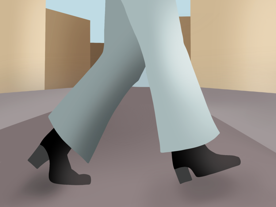 An illustration of a person, seen from the knees down, walking while wearing black heeled boots and blue jeans against a gray background.