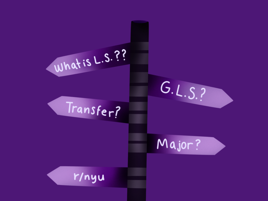 An+illustration+of+a+black-and-light-purple+direction+pole+against+a+dark+purple+background.+The+pole+has+five+different+signs+that+individually+read%3A+%E2%80%9CWhat+is+L.S%3F%2C%E2%80%9D+%E2%80%9CG.L.S.%3F%2C%E2%80%9D+%E2%80%9CTransfer%3F%2C%E2%80%9D+%E2%80%98Major%3F%E2%80%9D+and+%E2%80%9Cr%2Fnyu.%E2%80%9D