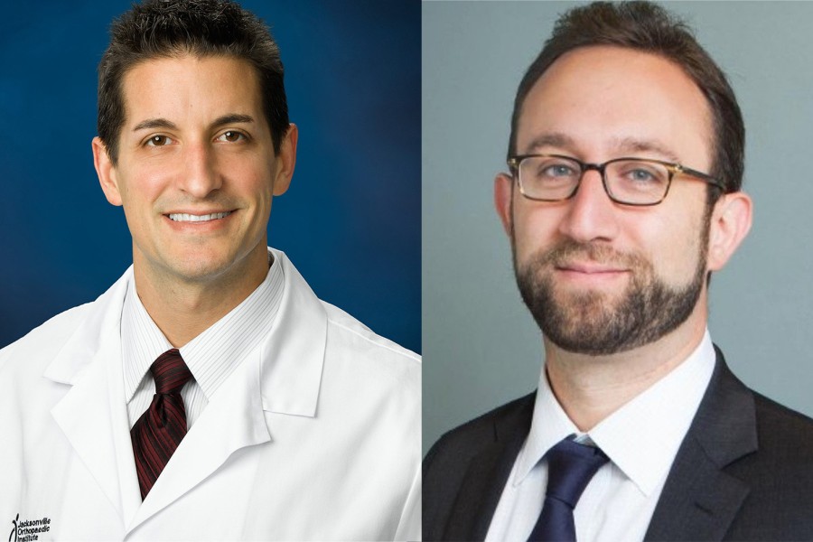 On the right, a portrait of orthopedic surgeon and sports medicine specialist Dr. Kevin Kaplan wearing a white doctor’s gown saying “Jacksonville Orthopedic Institute.” On the left, a portrait of NYU Langone orthopedic surgeon Dr. Michael Alaia wearing glasses, a black blazer, a white shirt and a blue tie.