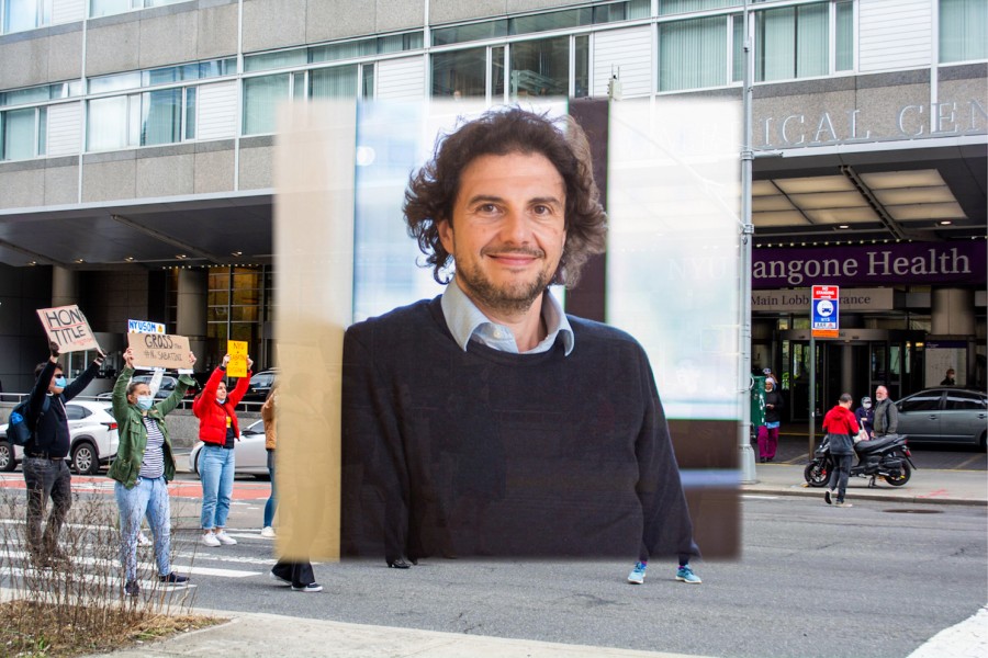 A portrait of David Sabatini wearing a blue sweater and button down overlaid onto the NYU Langone Health building. In the background, people hold signs outside of the Langone building. The Langone sign is visible in the background.
