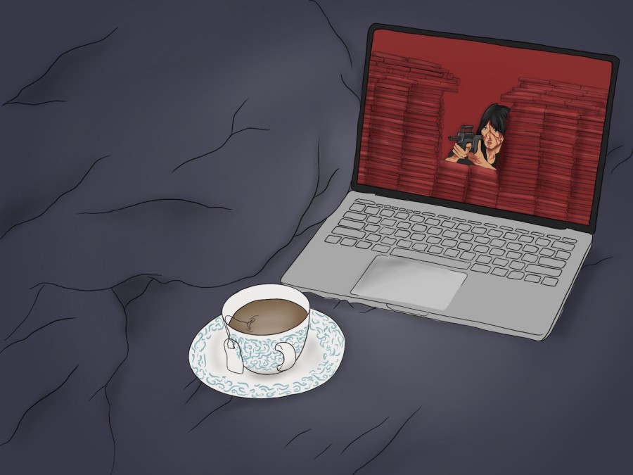 An illustration of a computer on a bed covered with a blue blanket. The computer’s screen displays a woman holding a rifle behind a red fort and a red background. Next to the computer is a small teacup.