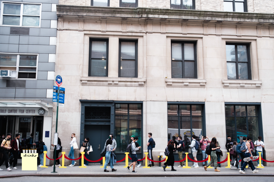 NYU students wait in line to go to class in the Cantor Film Center. (Staff Photo by Sam Tu and Illustration by Susan Behrends Valenzuela)
