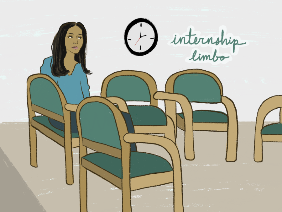 An illustration of a woman wearing a teal blouse sitting on one of several green chairs below a clock on the wall. Floating text reads internship limbo.