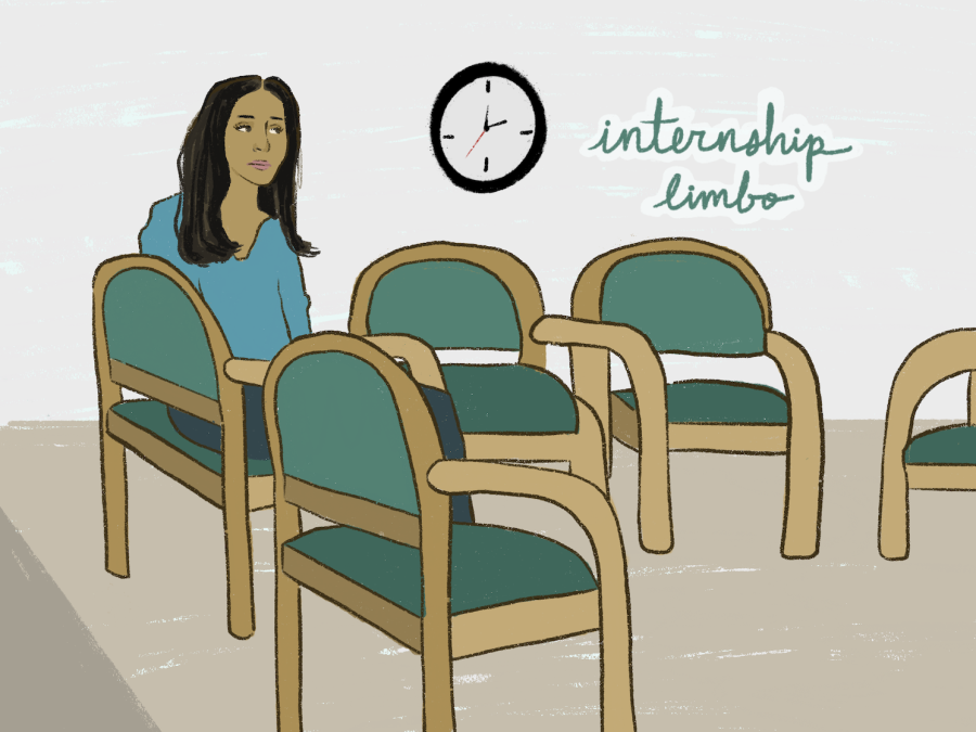 An illustration of a woman wearing a teal blouse sitting on one of several green chairs below a clock on the wall. Floating text reads "internship limbo."