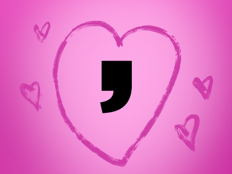 An illustration of a pink background with pink outlines in the shape of hearts, with a comma inside of a larger heart outline in the middle of the illustration.