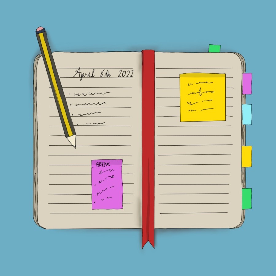 An illustration of a planner filled with writing and sticky notes and a pencil resting on top of it against a blue background.