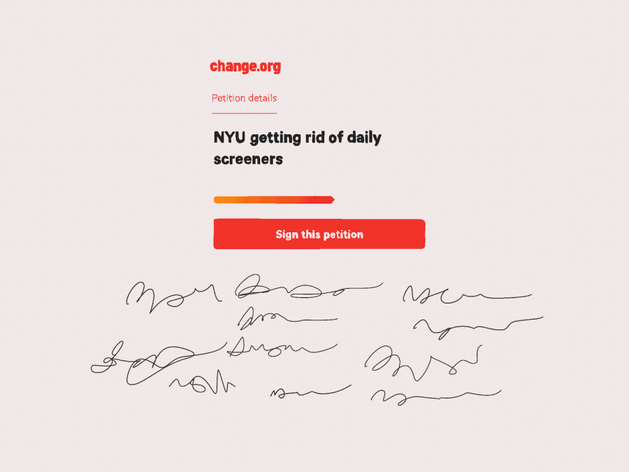 The user interface of a change.org petition against a pink background: a description of the petition is in the upper half, and signatures of petitioners are in the lower half.