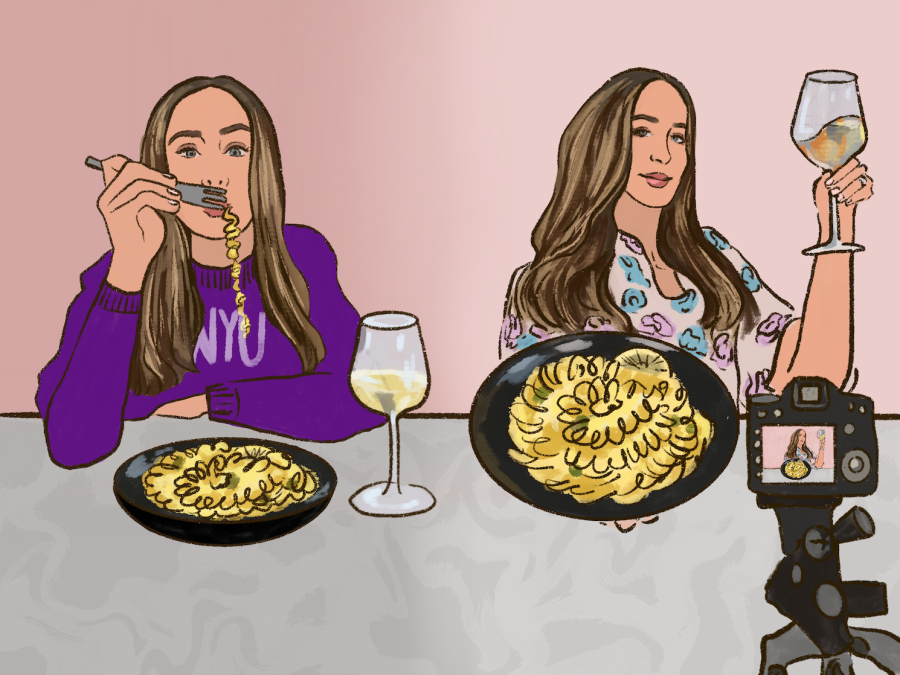 An illustration of two women sitting next to each other. In front of them is a camera on a tripod. The woman sitting on the right wears a shirt with blue and purple flowers and holds a cup of wine. The woman sitting on the left wears a purple sweatshirt that reads “NYU” and is eating pasta.