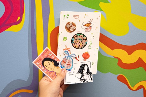 An assortment of stickers depicting Asian figures as well as items such as boba, a carton of rice, dumplings, mint packets, a “thank you” takeout bag and a Chinese lantern, among other patterns. One of the stickers has an illustration of the text “Stop Asian Hate.”