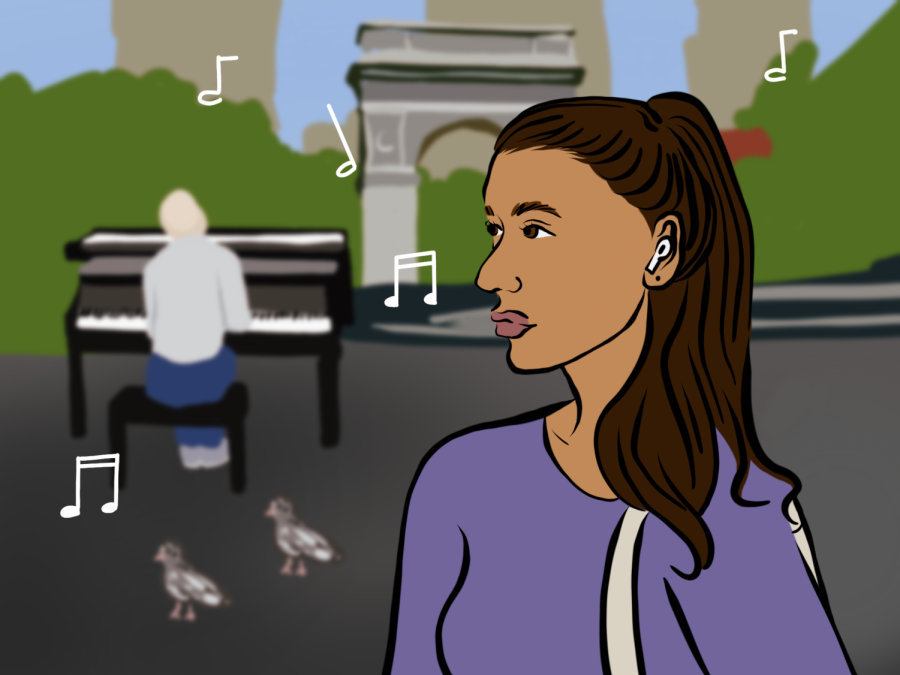 An illustration of a woman at Washington Square Park wearing a purple cardigan and looking towards the left-hand side. Behind her, the Washington Square Arch is visible, as well as a man playing a piano.