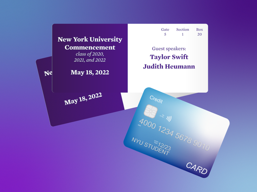 An+illustration+of+two+tickets+that+are+split+white+and+purple%2C+with+the+text+%E2%80%9CNew+York+University+Commencement+class+of+2020%2C+2021%2C+and+2022%E2%80%9D+and+%E2%80%9CMay+18%2C+2022%E2%80%9D+including+the+names+of+the+speakers%2C+Taylor+Swift+and+Judith+Heumann.+An+illustration+of+a+credit+card+is+next+to+the+tickets.