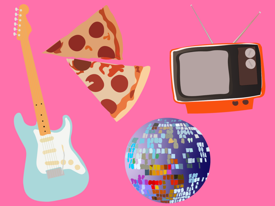 A Tiffany-blue Fender Stratocaster, two slices of pepperoni, a disco ball and an old TV with antenna against a light-pink background.A tiffany-blue Fender Stratocaster, two slices of pepperoni, a disco ball and an old TV with antenna against a light pink background.
