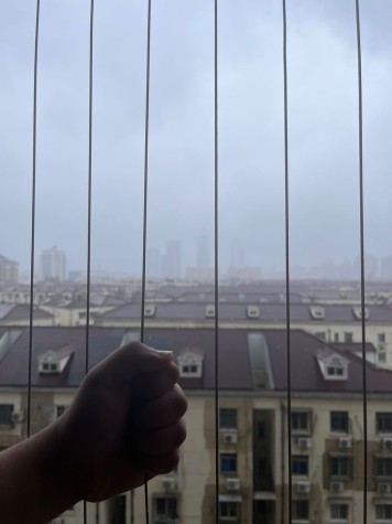 A person’s hand clutching a wire barrier in a window. Outside the window, a hazy skyline of beige buildings with brown roofs.