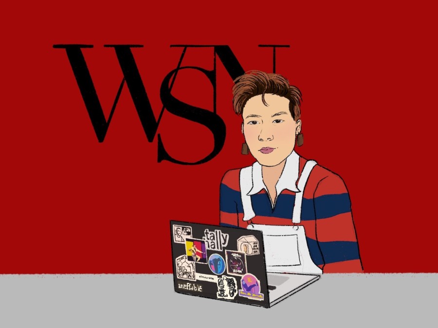 UTA Publishing Editor Caitlin Hsu in a red and blue striped shirt with her sticker-filled laptop against the WSN red background.