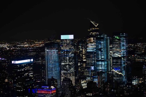 A nighttime view of the midtown Manhattan skyline.