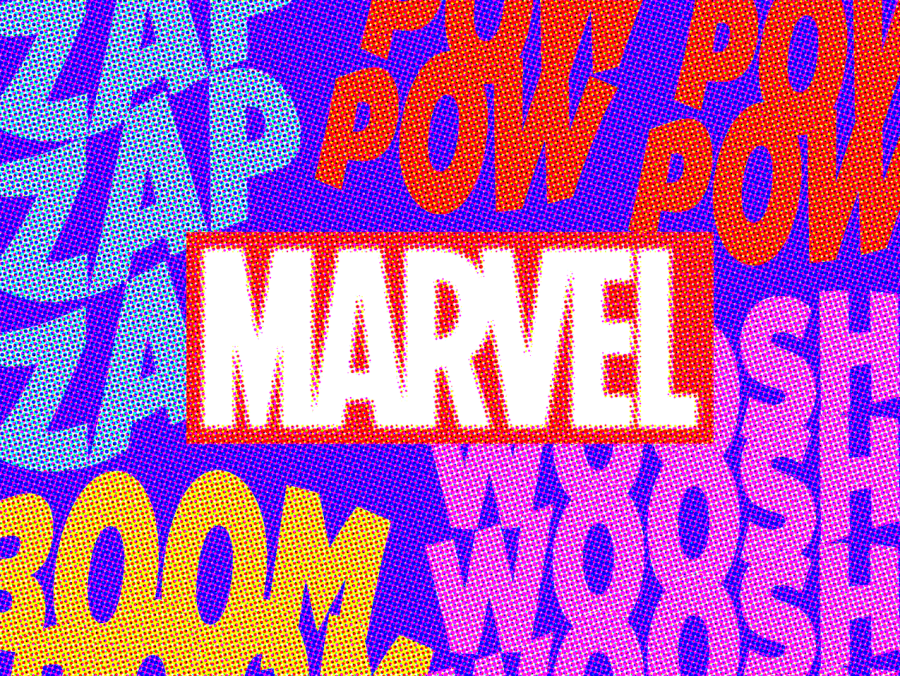 A+pixelated%2C+pop-art-style+illustration+with+the+Marvel+logo+against+comic-book+onomatopoeia.