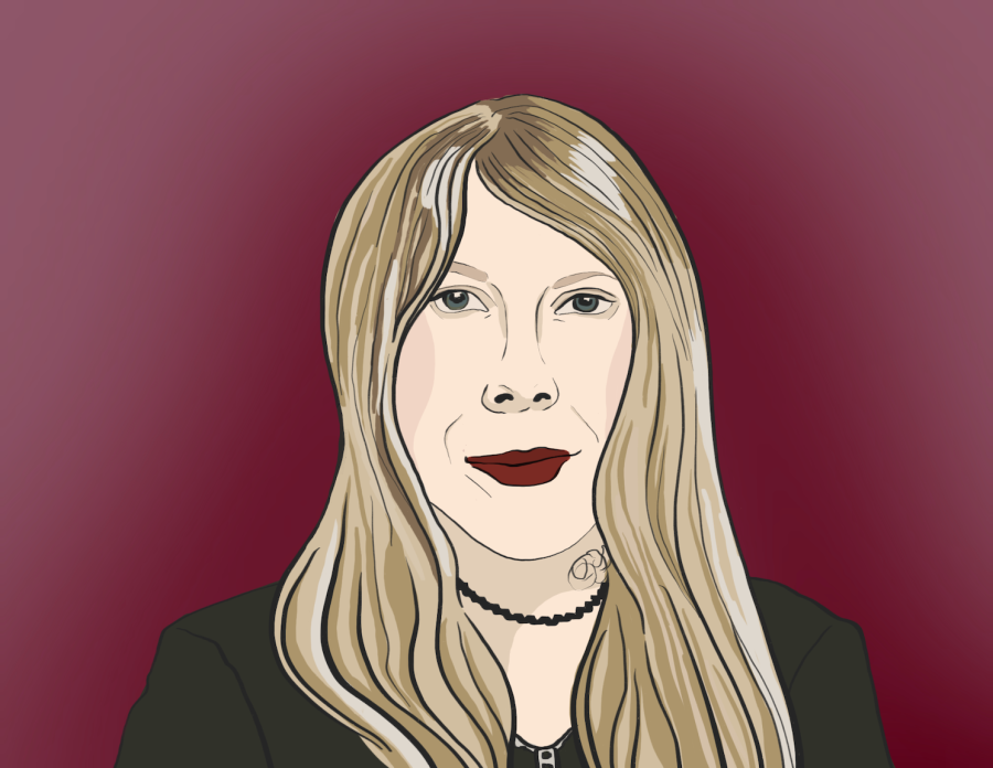 An illustration of Johanna Fateman on a red background.