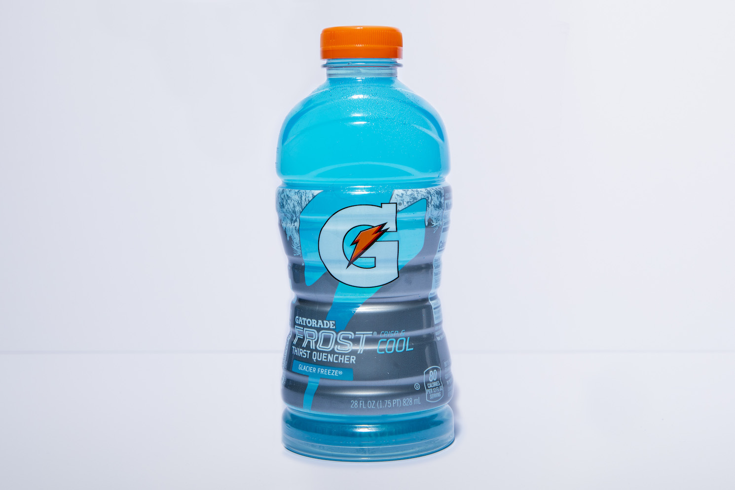 A bottle of blue Gatorade against a white background.