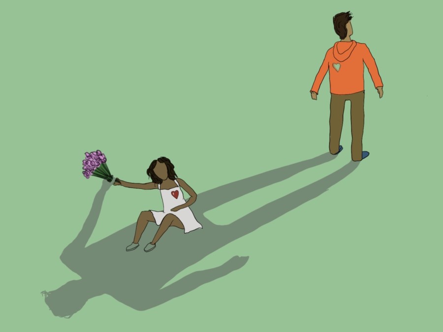 An illustration of two people facing away from one another. One person is on the floor sitting on the shadow of the other person. The shadow and the person on the floor are holding onto the same bouquet of flowers.