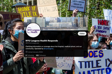 A close-up shot of a group of protesters close together, all wearing masks. The signs in the front read “NYU Shame on You,” “Students Against Sabatini” and “Say No to Sabatini.” A screenshot of the NYU Langone Health Responds Twitter page is superimposed.
